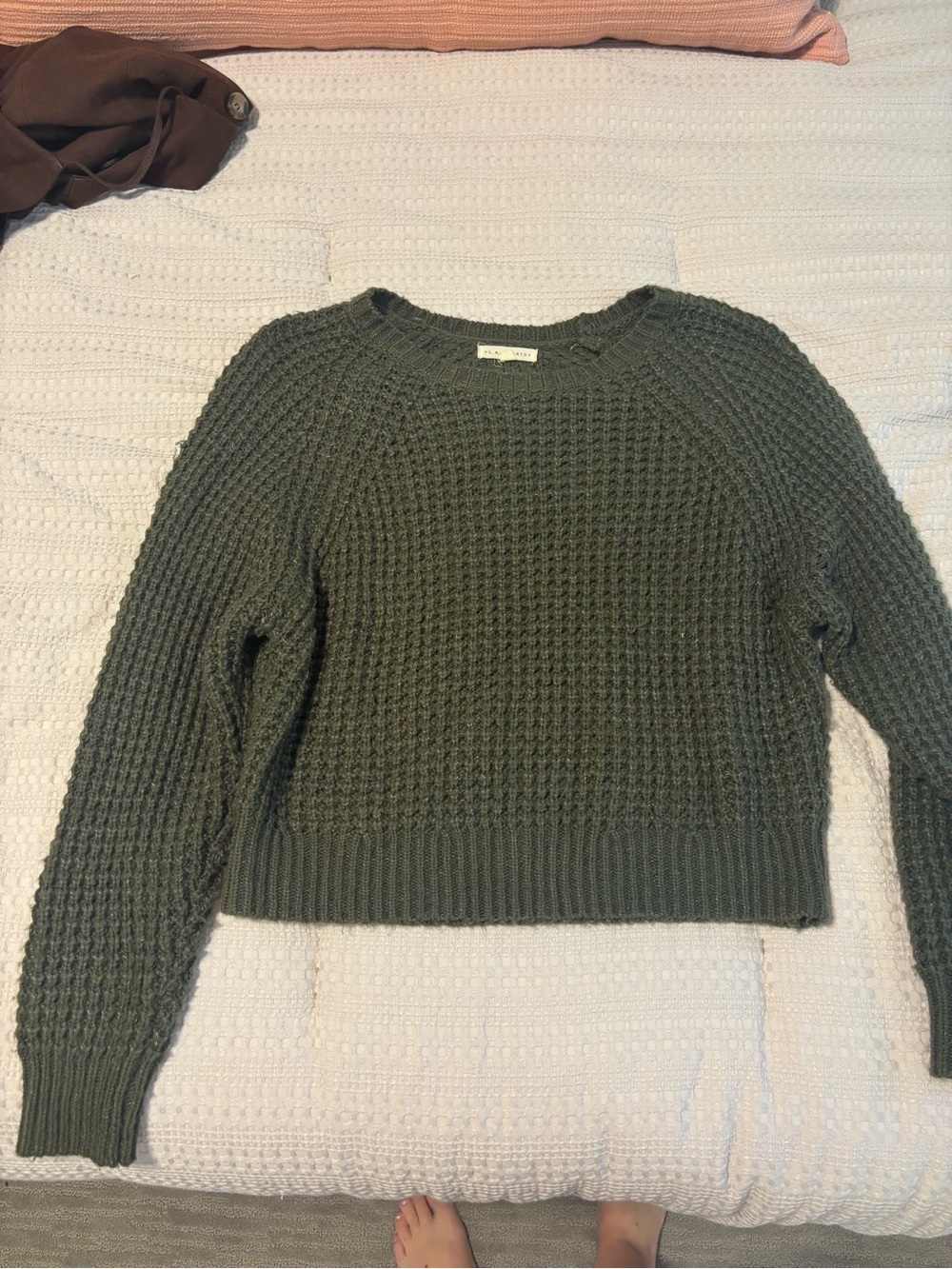 Olive Green Waffle Knit Crewneck Sweater - Brand: LA Hearts